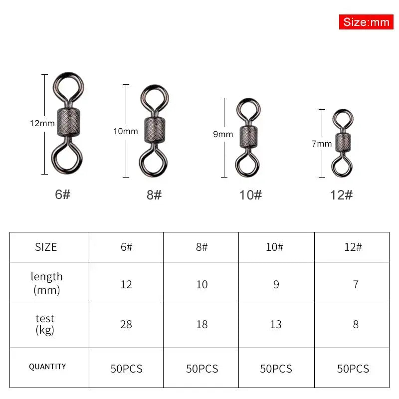 Ball Bearing Swivel with Safety Snap – 302 Stainless Steel 50pc (4 Sizes) | Color: Size6 12mm 28kg Size10 9mm 13kg