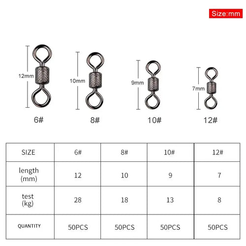 Ball Bearing Swivel with Safety Snap – 302 Stainless Steel 50pc (4 Sizes) | Color: Size6 12mm 28kg Size10 9mm 13kg