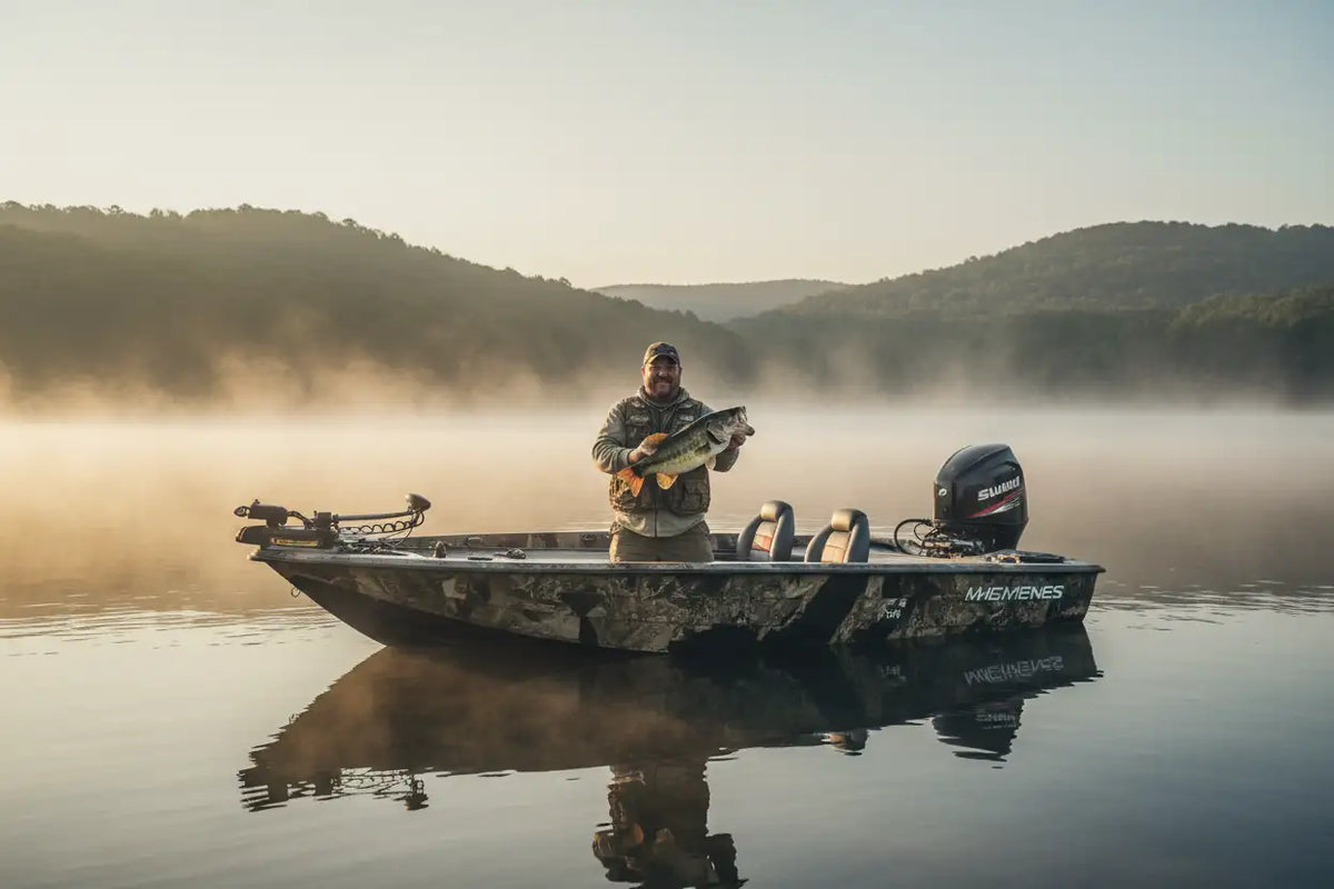 Camouflage-patterned aluminum fishing boat with a black outboard motor and ’midnight’ branding on the side
