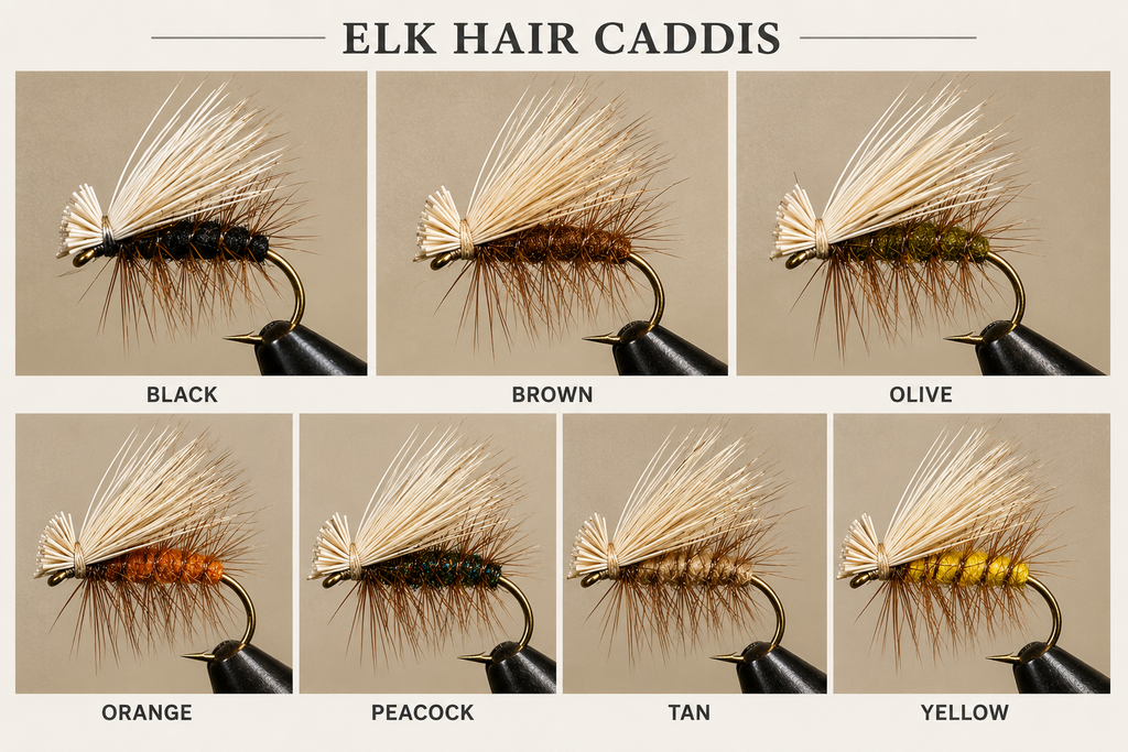 Caddis - Elk Hair | Color: Black Brown Olive Orange Peacock Tan Yellow | Size: 08 10 12 14 16 18 20 - Artificial