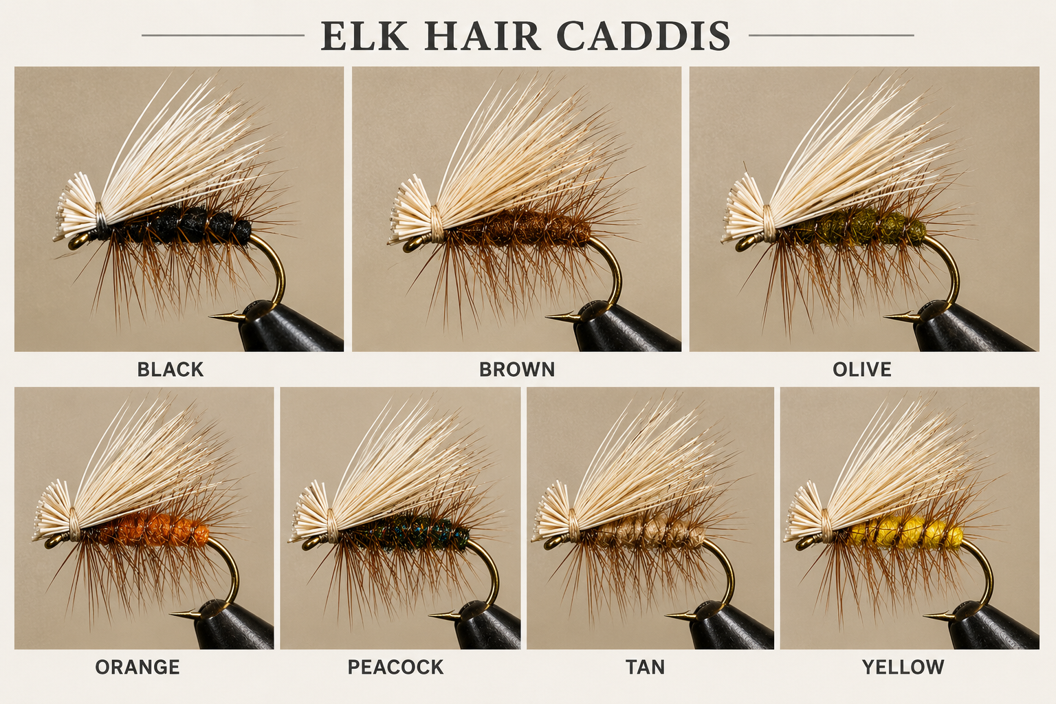 Caddis - Elk Hair | Color: Black Brown Olive Orange Peacock Tan Yellow | Size: 08 10 12 14 16 18 20 - Artificial