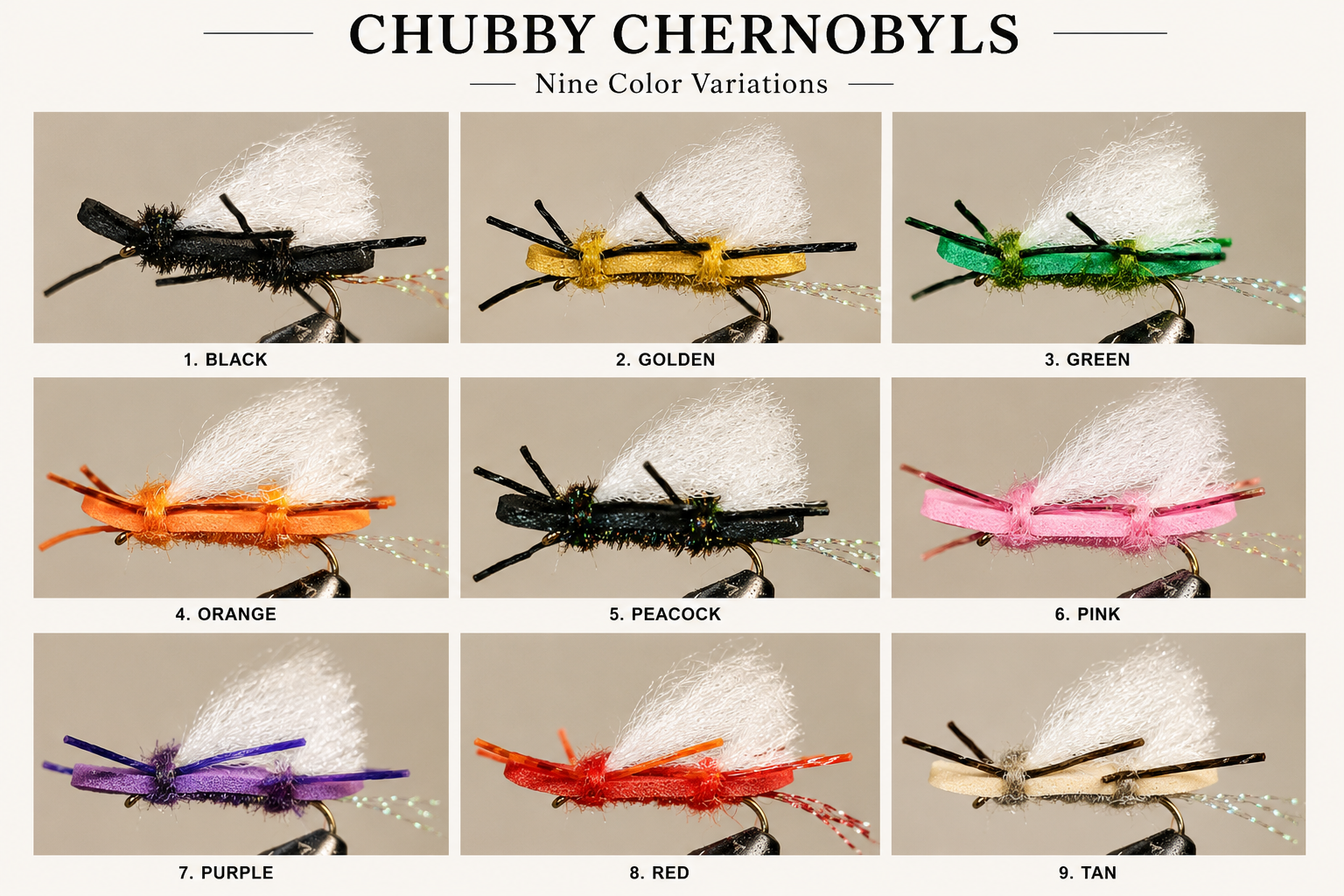 Chubby Chernobyl’s | Color: Black Green Golden Orange Peacock Pink Purple Red Tan | Size: 8 10 12 - Artificial Fishing