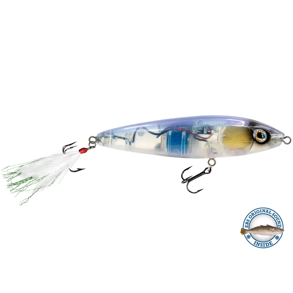 Pro Sizzle Jr 3.62’’ Walk-the-Dog Topwater – EBS Sound + Rattles | Color: Blue Green Black Back Chrome Shad Pure Bone