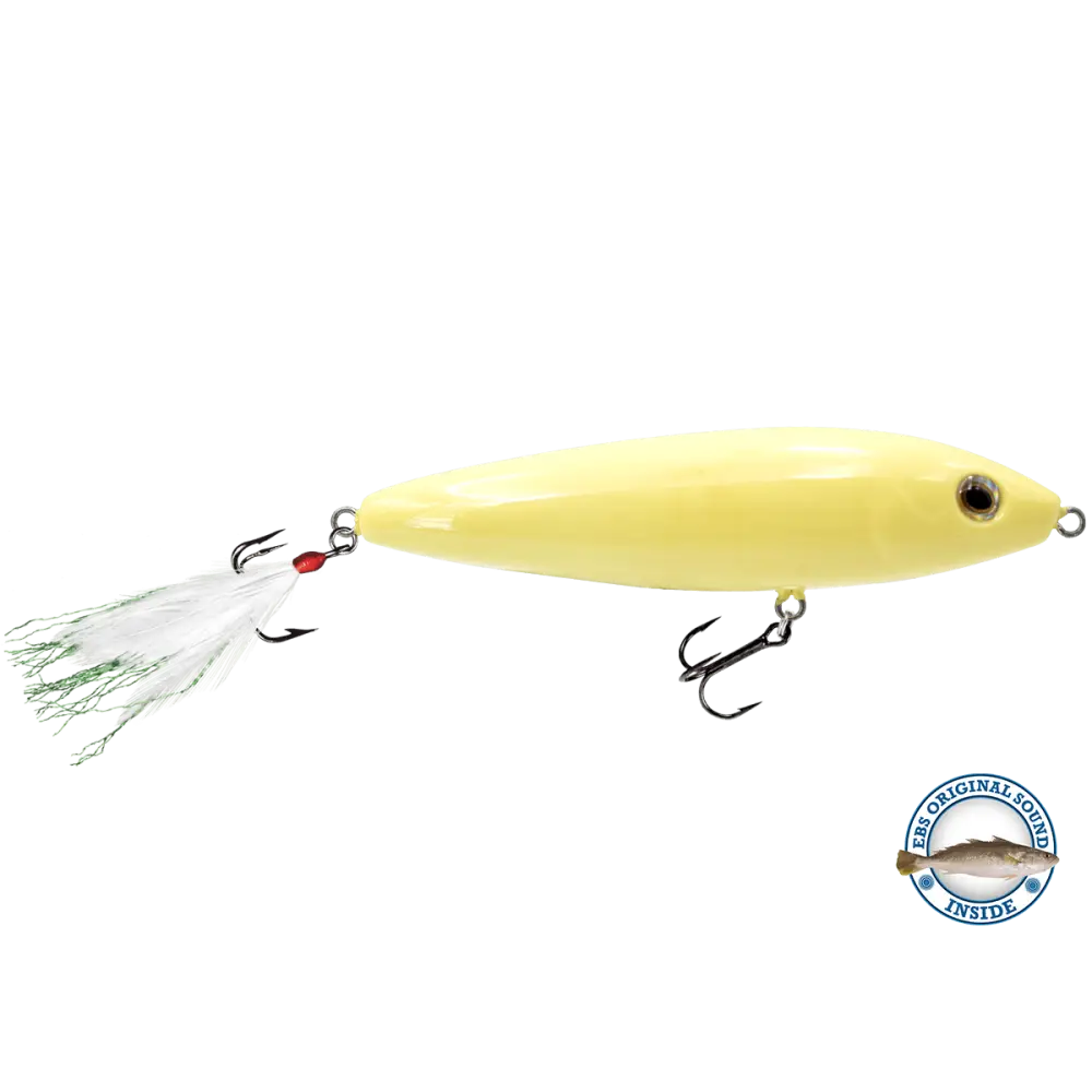 Pro Sizzle Jr 3.62’’ Walk-the-Dog Topwater – EBS Sound + Rattles | Color: Blue Green Black Back Chrome Shad Pure Bone