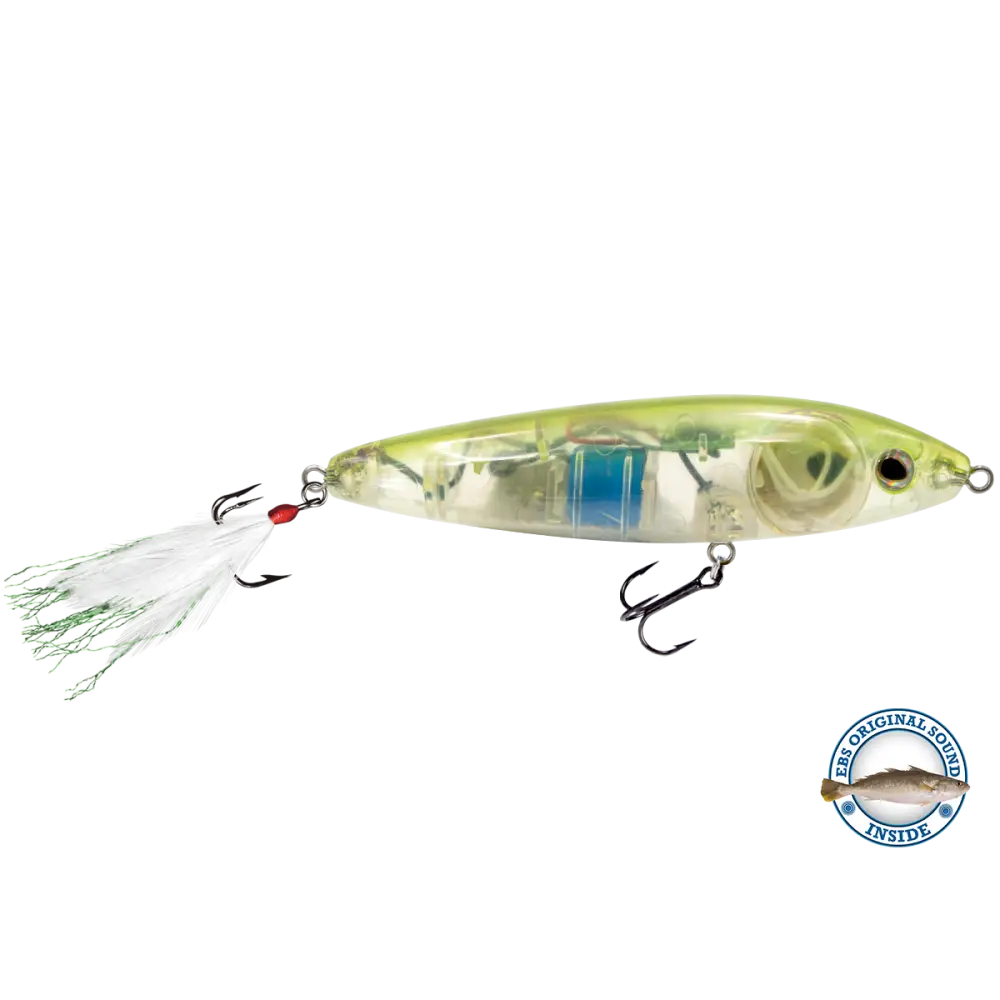Pro Sizzle Jr 3.62’’ Walk-the-Dog Topwater – EBS Sound + Rattles | Color: Blue Green Black Back Chrome Shad Pure Bone