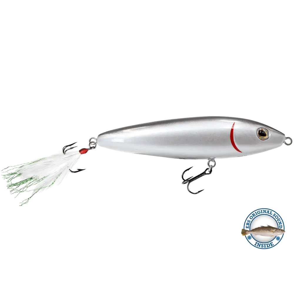 Pro Sizzle Jr 3.62’’ Walk-the-Dog Topwater – EBS Sound + Rattles | Color: Blue Green Black Back Chrome Shad Pure Bone