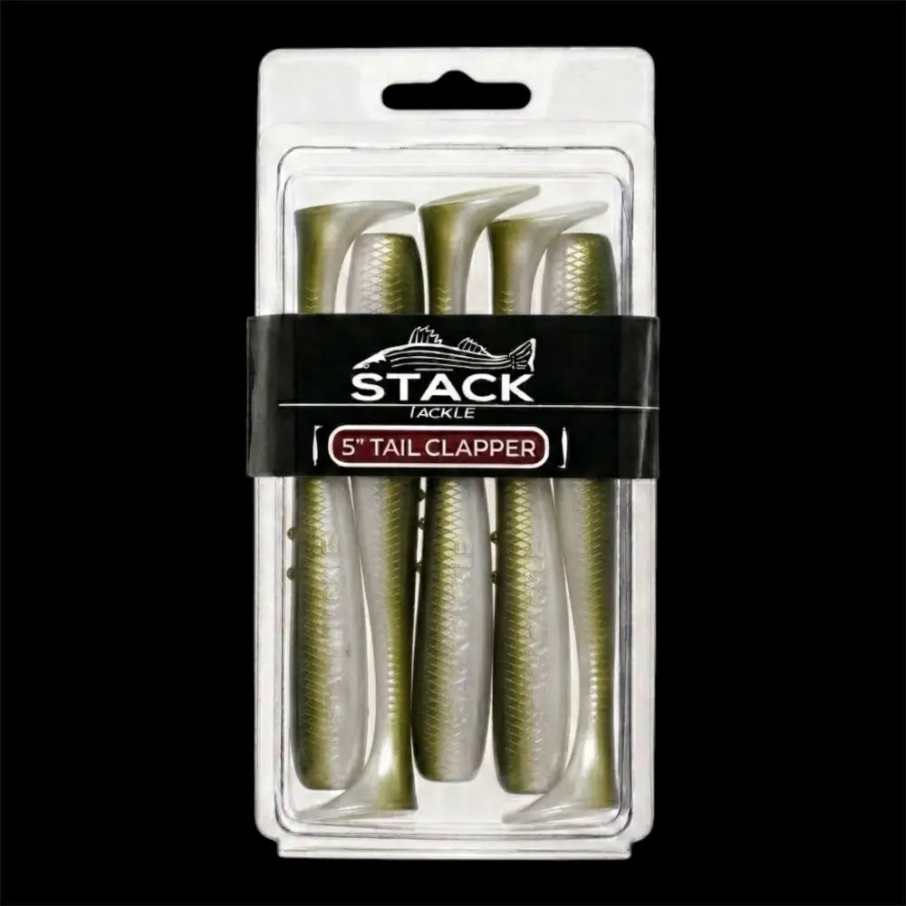 Stack Tackle 5’’ Tail Clapper Soft Plastic, 5-Pack Paddle 6 Colors | Color: White Pink Black Chartreuse Olive Top