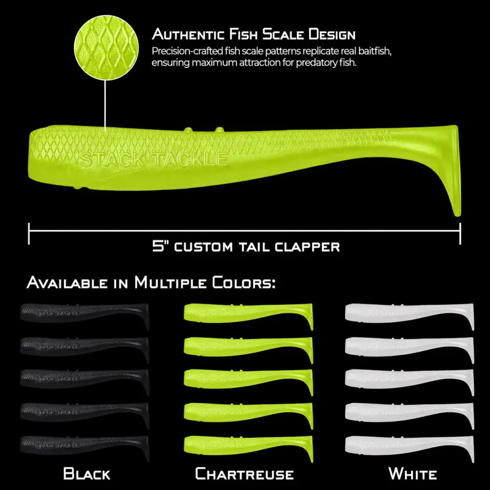 Stack Tackle 5’’ Tail Clapper Soft Plastic, 5-Pack Paddle 6 Colors | Color: White Pink Black Chartreuse Olive Top