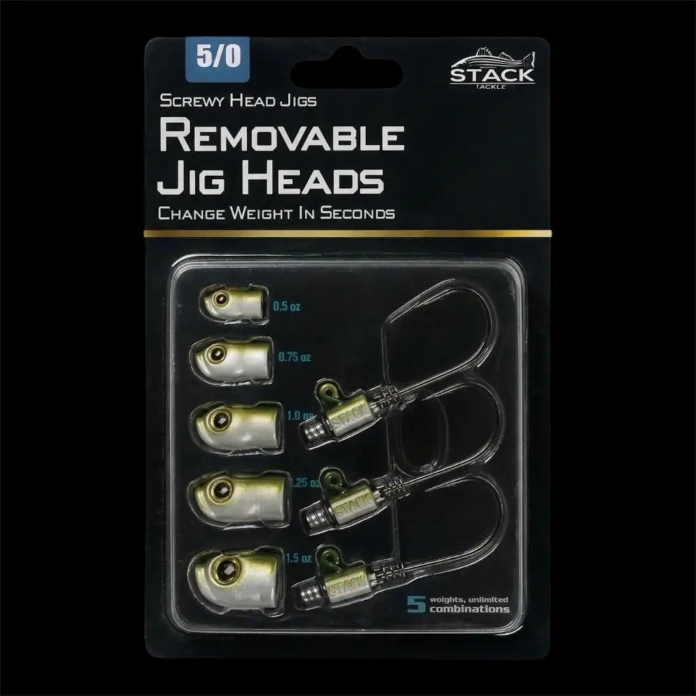 Stack Tackle Screwy Head Jig Kit, 5 Interchangeable Heads + 3 Mustad 5/0 Hooks 6 Colors | Color: White Purple Pulse