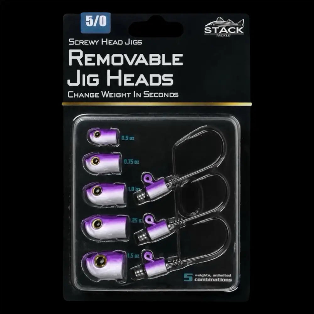 Stack Tackle Screwy Head Jig Kit, 5 Interchangeable Heads + 3 Mustad 5/0 Hooks 6 Colors | Color: White Purple Pulse
