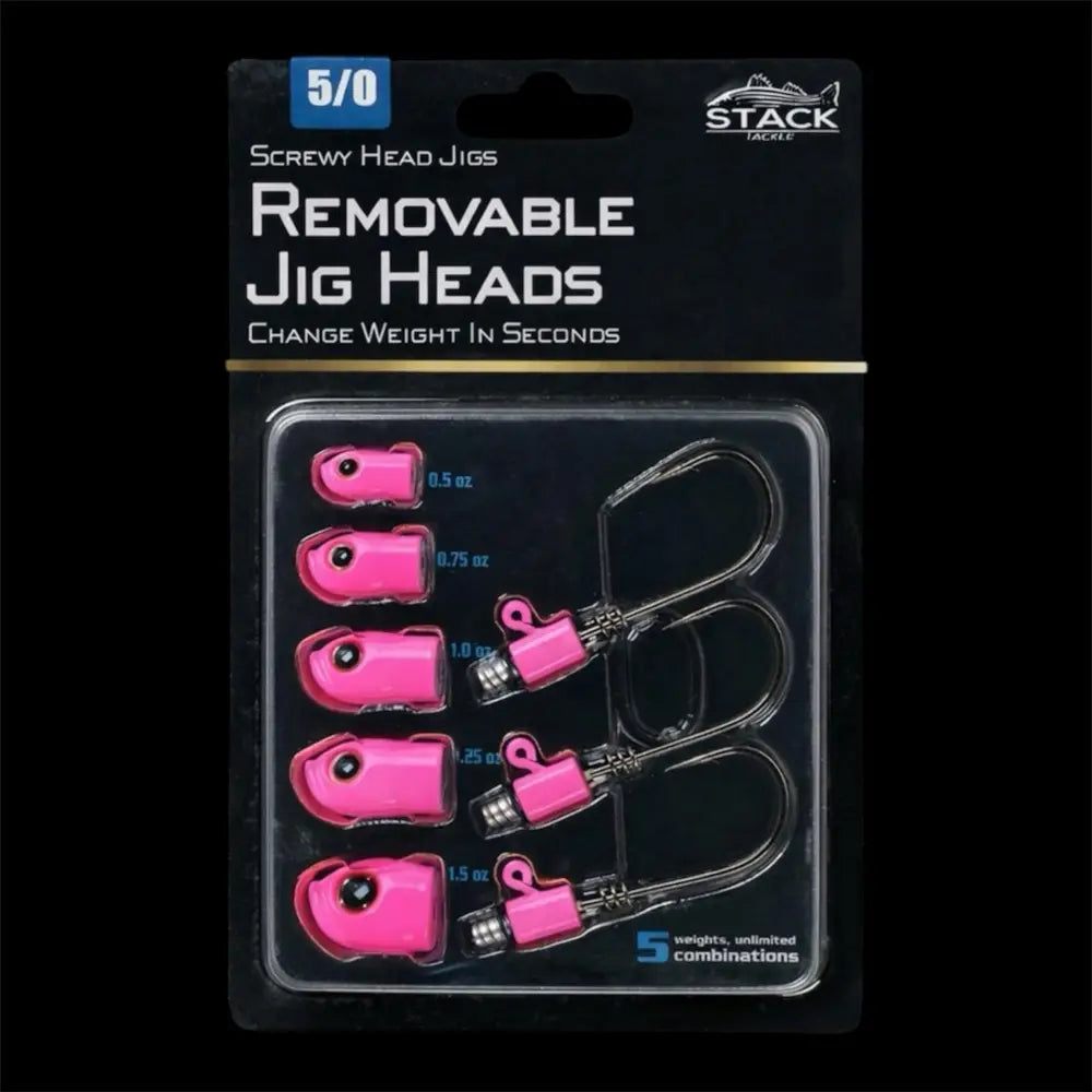 Stack Tackle Screwy Head Jig Kit, 5 Interchangeable Heads + 3 Mustad 5/0 Hooks 6 Colors | Color: White Purple Pulse