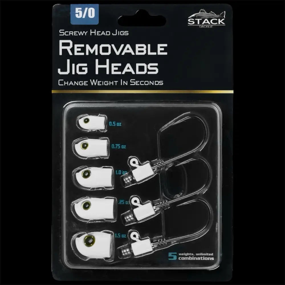 Stack Tackle Screwy Head Jig Kit, 5 Interchangeable Heads + 3 Mustad 5/0 Hooks 6 Colors | Color: White Purple Pulse