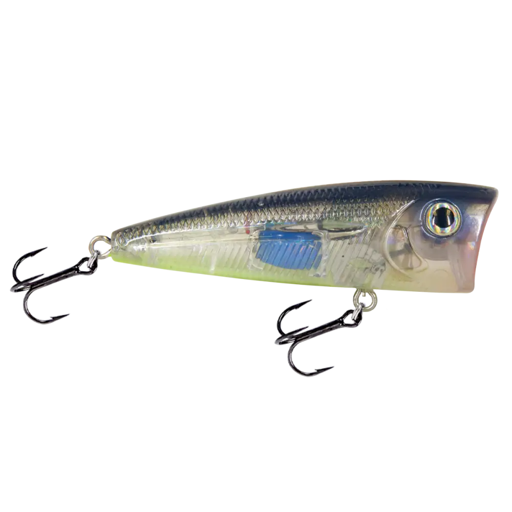 Walk N Pop 77 Topwater Popper for Bass – EBS Sound Technology | Color: Black Back Chrome Shad Beauty Bluetreuse True