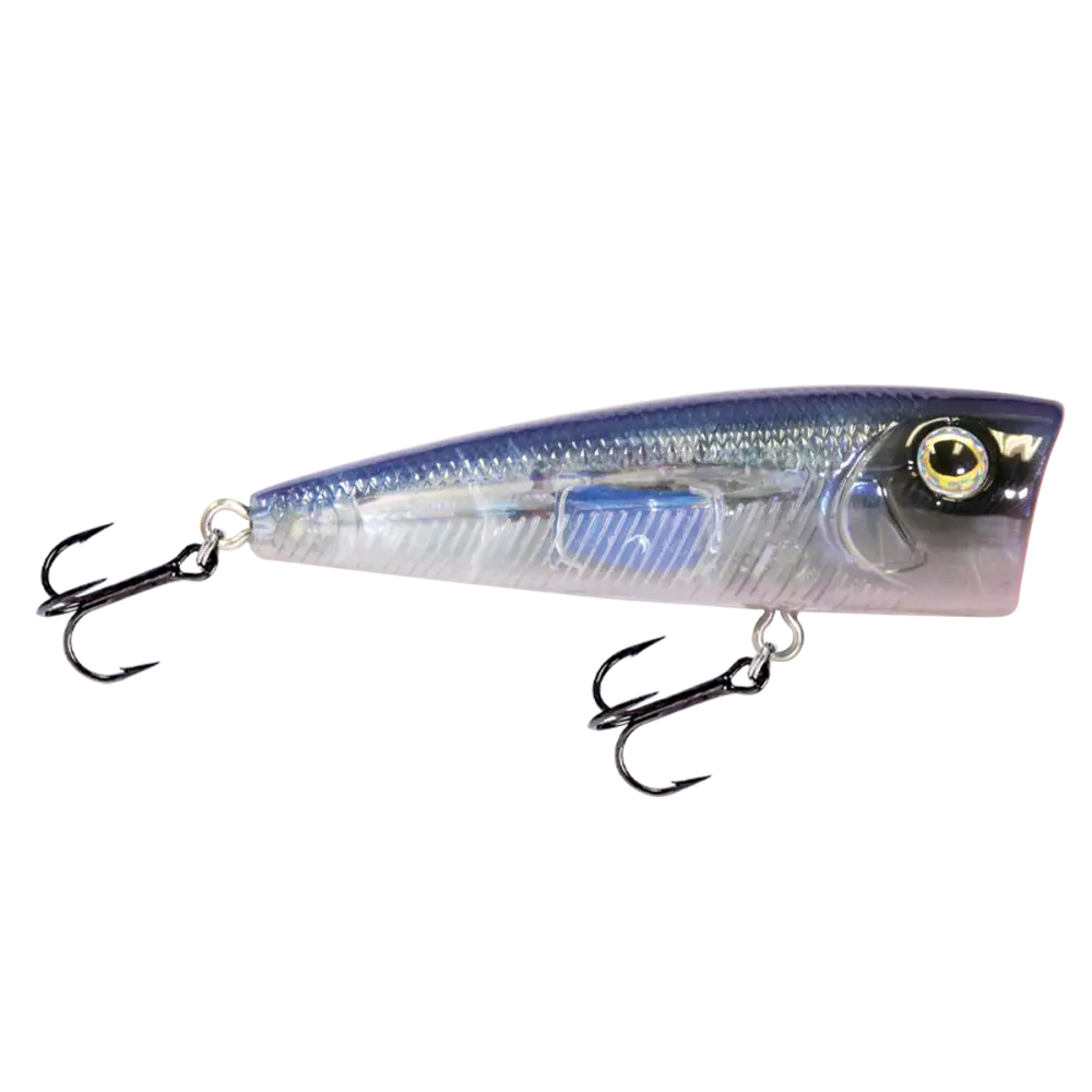 Walk N Pop 77 Topwater Popper for Bass – EBS Sound Technology | Color: Black Back Chrome Shad Beauty Bluetreuse True