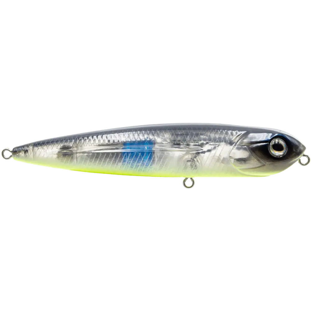 Walking Boss Jr. 4’’ Walk-the-Dog Topwater Lure – EBS Sound Technology | Color: XXX Shad Black Back Chrome Bluetreuse