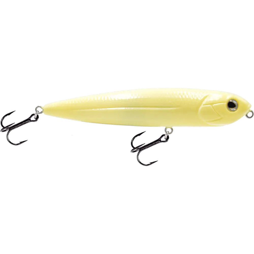 Walking Boss Jr. 4’’ Walk-the-Dog Topwater Lure – EBS Sound Technology | Color: XXX Shad Black Back Chrome Bluetreuse
