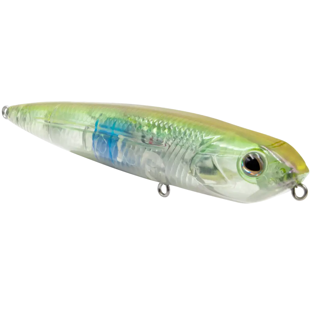 Walking Boss Jr. 4’’ Walk-the-Dog Topwater Lure – EBS Sound Technology | Color: XXX Shad Black Back Chrome Bluetreuse
