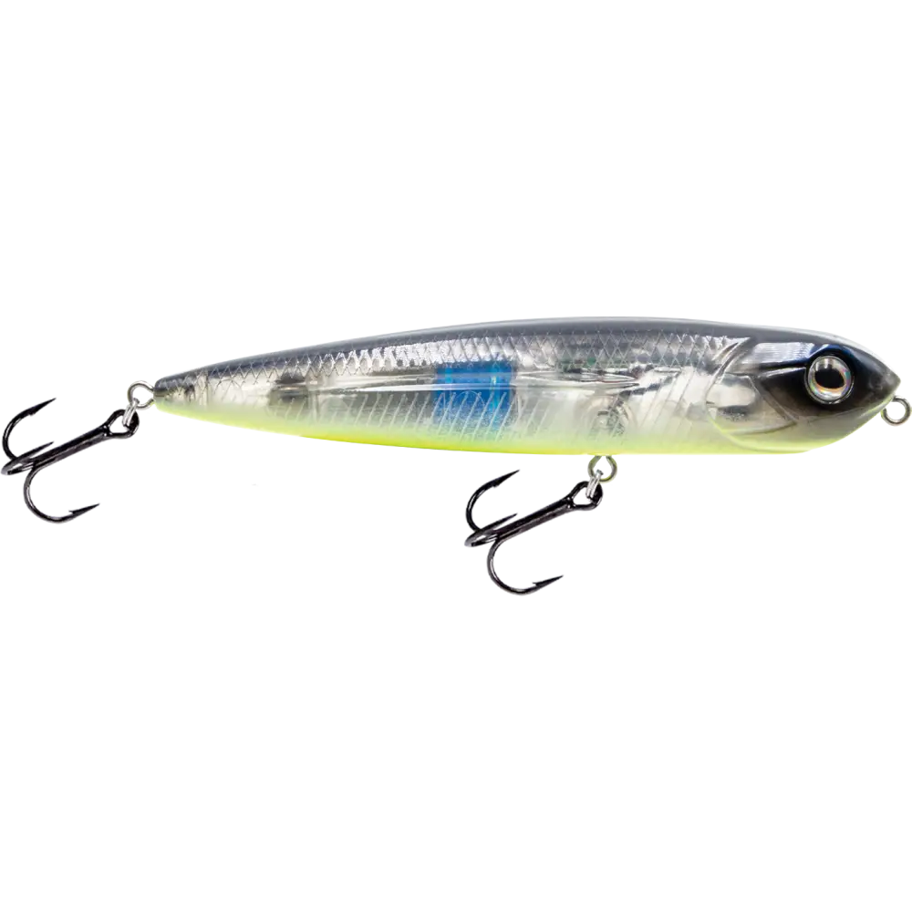 Walking Boss Jr. 4’’ Walk-the-Dog Topwater Lure – EBS Sound Technology | Color: XXX Shad Black Back Chrome Bluetreuse