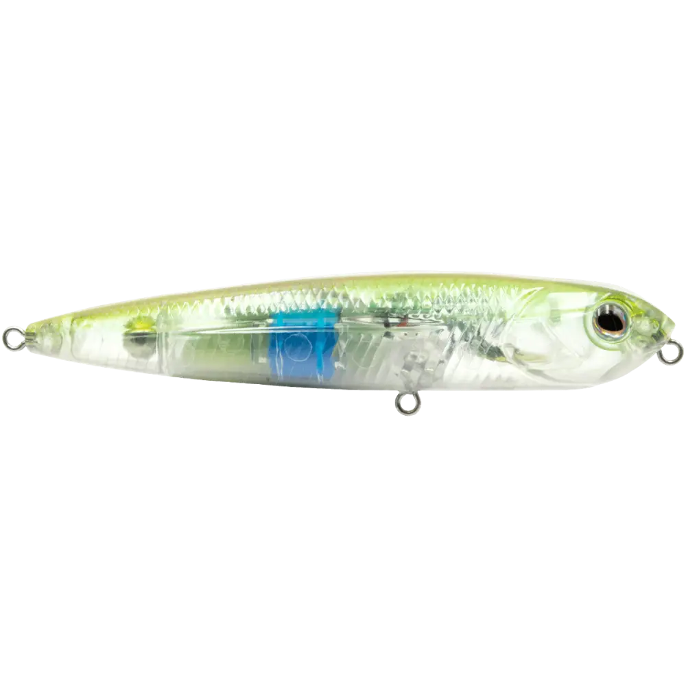 Walking Boss Jr. 4’’ Walk-the-Dog Topwater Lure – EBS Sound Technology | Color: XXX Shad Black Back Chrome Bluetreuse