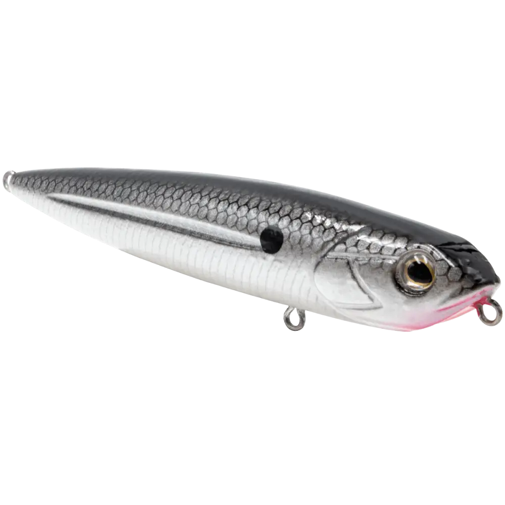 Walking Boss Jr. 4’’ Walk-the-Dog Topwater Lure – EBS Sound Technology | Color: XXX Shad Black Back Chrome Bluetreuse