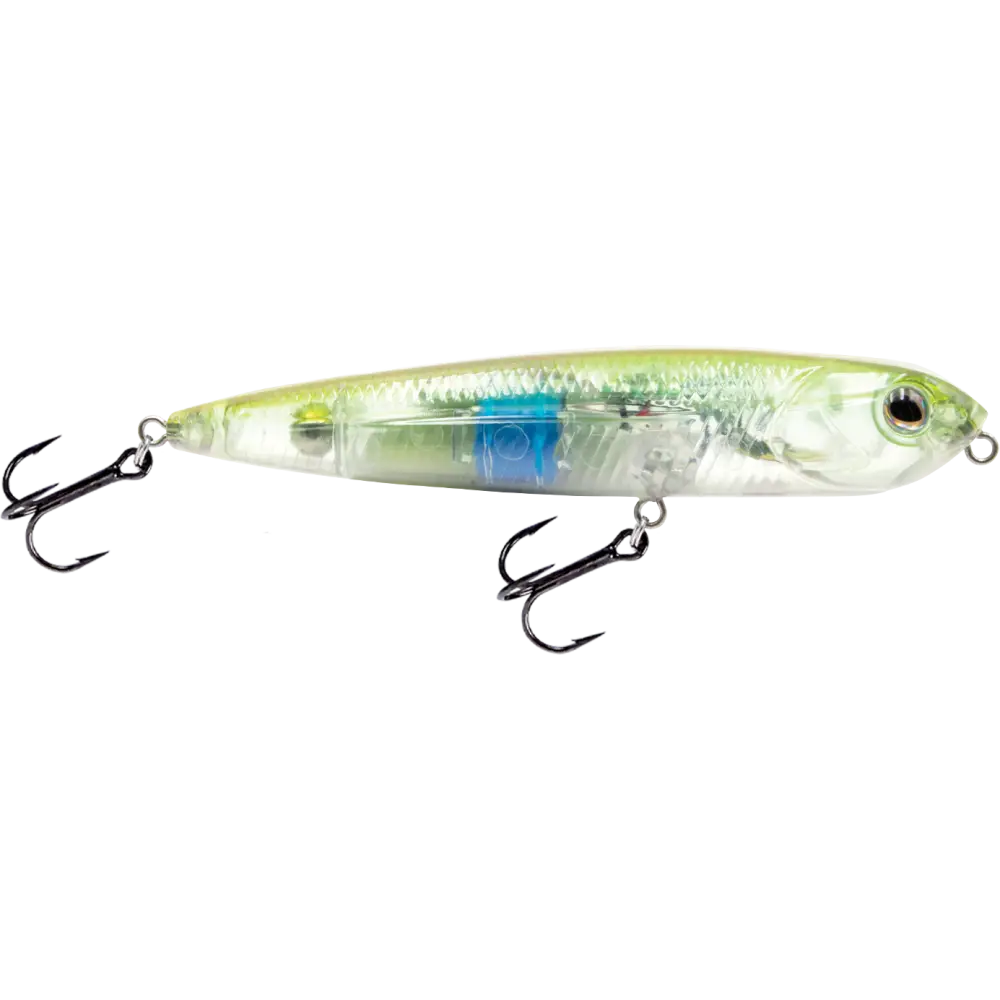 Walking Boss Jr. 4’’ Walk-the-Dog Topwater Lure – EBS Sound Technology | Color: XXX Shad Black Back Chrome Bluetreuse