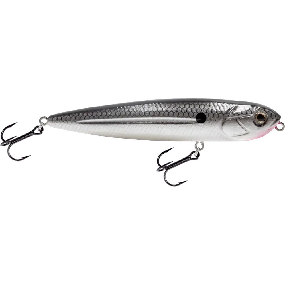 Walking Boss Jr. 4’’ Walk-the-Dog Topwater Lure – EBS Sound Technology | Color: XXX Shad Black Back Chrome Bluetreuse