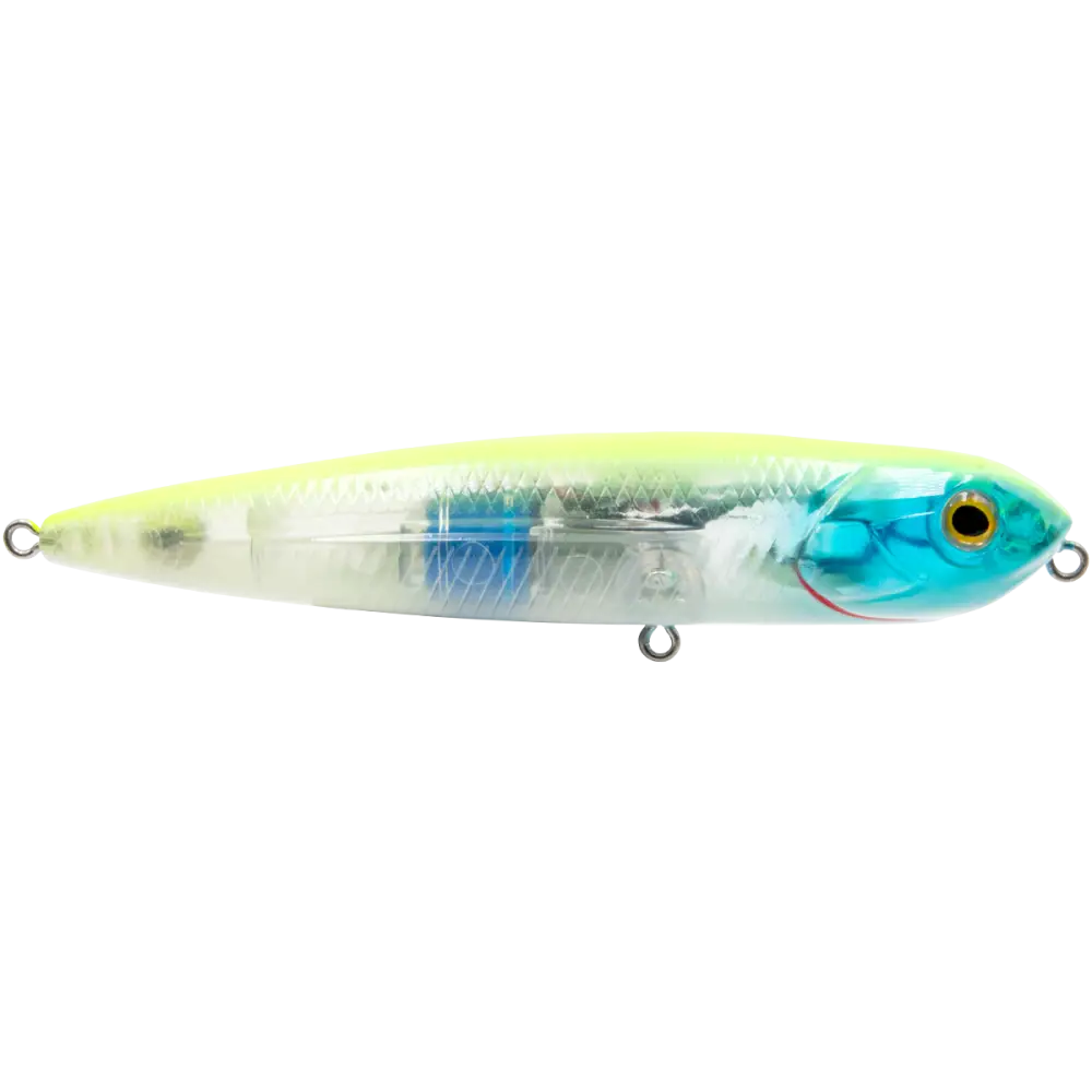 Walking Boss Jr. 4’’ Walk-the-Dog Topwater Lure – EBS Sound Technology | Color: XXX Shad Black Back Chrome Bluetreuse