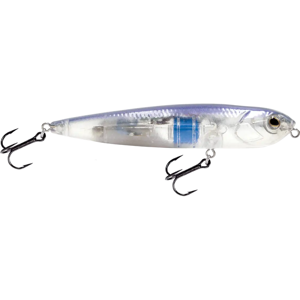 Walking Boss Jr. 4’’ Walk-the-Dog Topwater Lure – EBS Sound Technology | Color: XXX Shad Black Back Chrome Bluetreuse