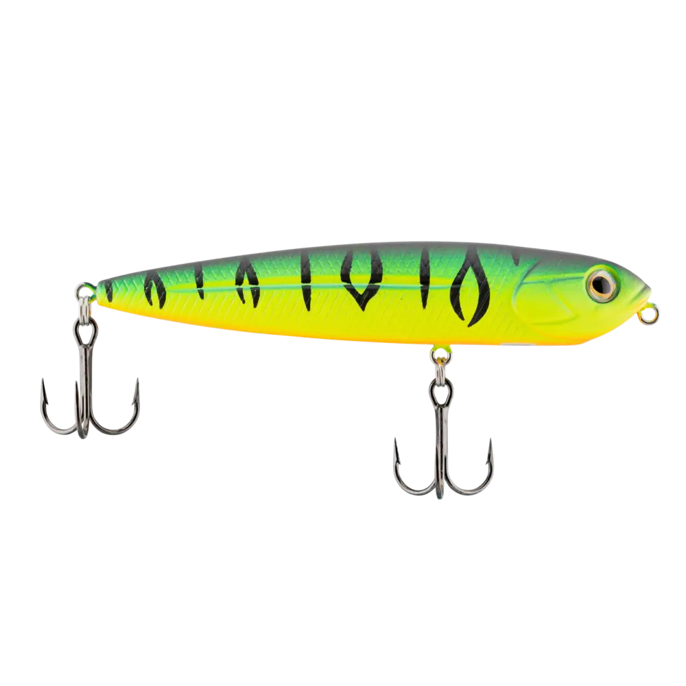 Walking Boss Jr. 4’’ Walk-the-Dog Topwater Lure – EBS Sound Technology | Color: XXX Shad Black Back Chrome Bluetreuse