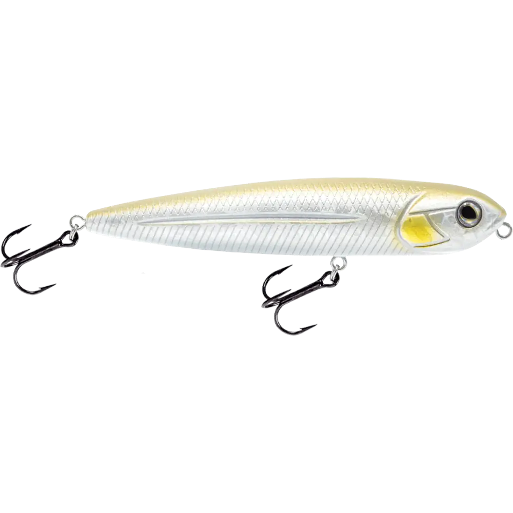 Walking Boss Jr. 4’’ Walk-the-Dog Topwater Lure – EBS Sound Technology | Color: XXX Shad Black Back Chrome Bluetreuse