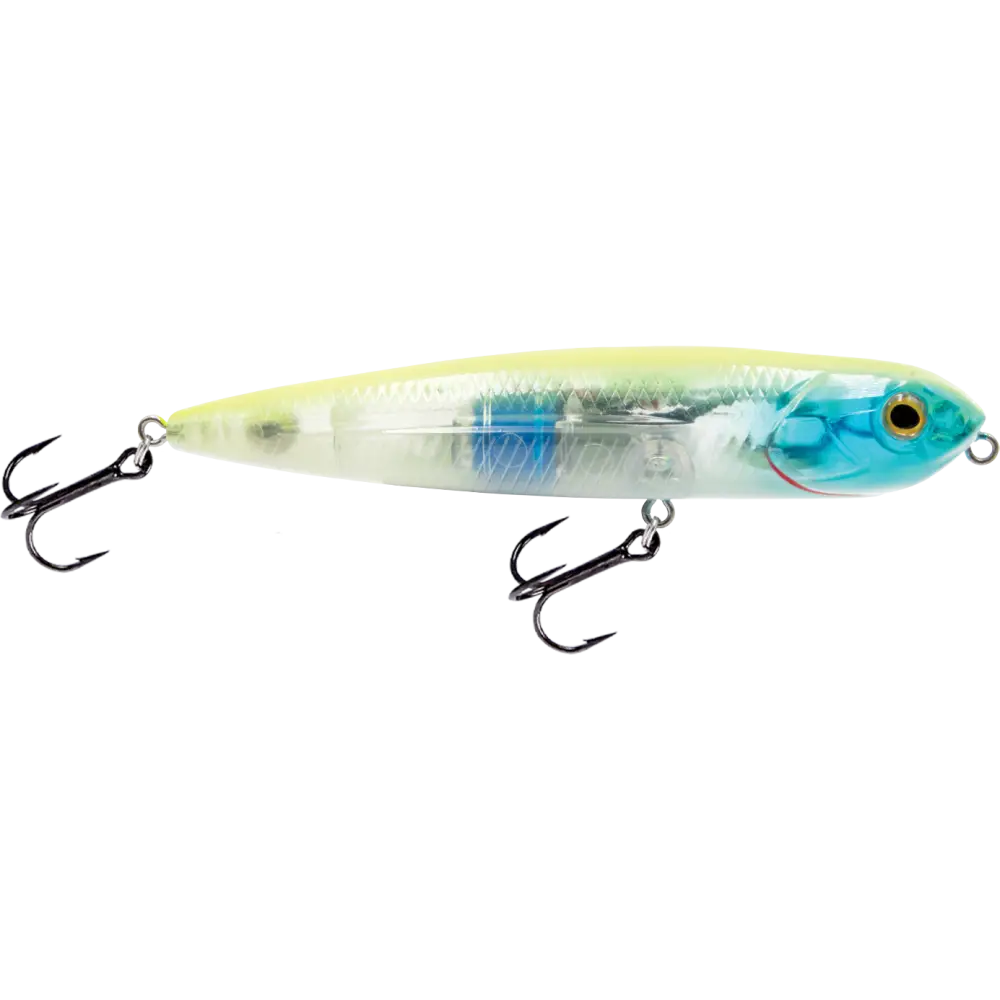 Walking Boss Jr. 4’’ Walk-the-Dog Topwater Lure – EBS Sound Technology | Color: XXX Shad Black Back Chrome Bluetreuse
