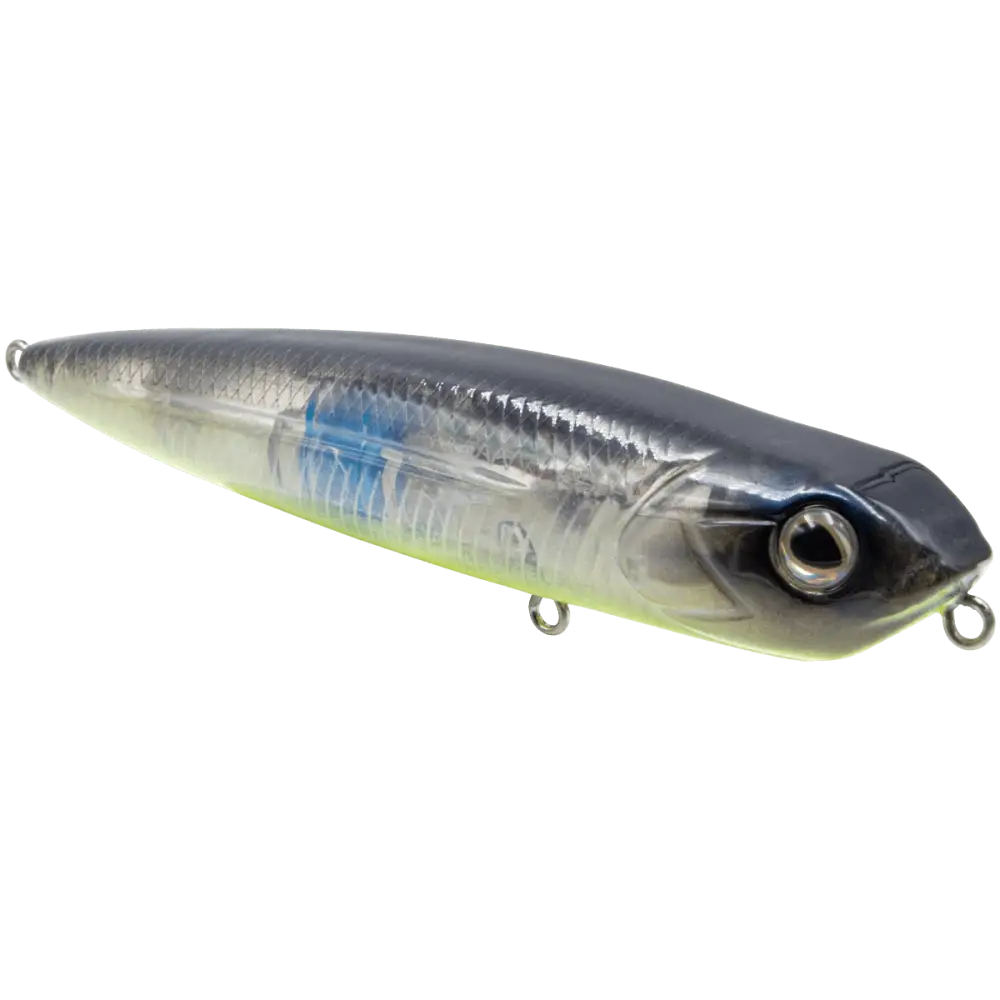 Walking Boss Jr. 4’’ Walk-the-Dog Topwater Lure – EBS Sound Technology | Color: XXX Shad Black Back Chrome Bluetreuse