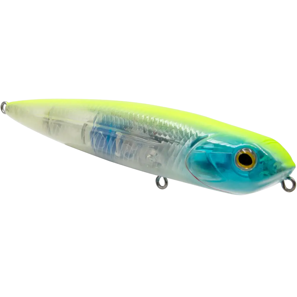 Walking Boss Jr. 4’’ Walk-the-Dog Topwater Lure – EBS Sound Technology | Color: XXX Shad Black Back Chrome Bluetreuse